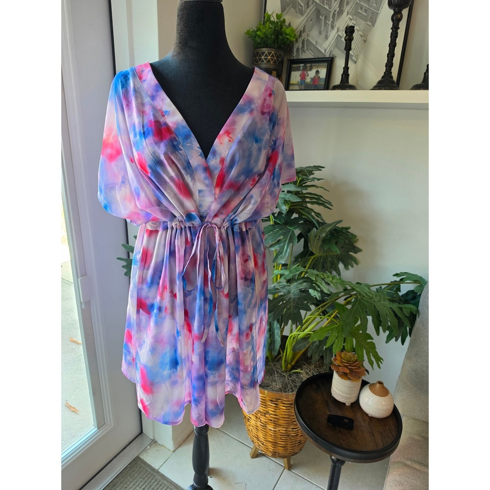 Avicci Watercolor Tie‎ Dye V-Neck Drawstring Waist Cover Up Dress XXL